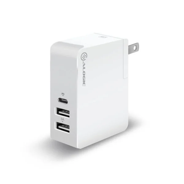 ALOGIC - 3 Port USB-C & Dual USB-A Travel Power Adapter - USB-C (30W Pd) & Dual USB-A (15W) - White + Grey Color