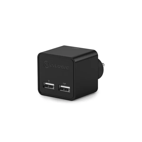 ALOGIC - 2 Port USB Mini Wall Charger - 2.4A + 1A - 17W - Black - Indian Plug