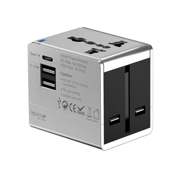 GRIPP - Powerup 2.1A World Travel Adapter UK, AU, US, EU/IND With 2 USB Port 1 type C & Wall Charger - Silver