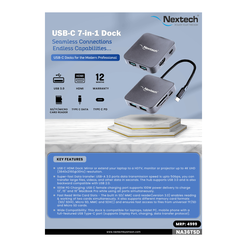 Nextech Usb-C 7 In 1 Hdmi Dock (3*Usb3.1 + Hdmi+ Sd+Tf Card) - Image 1