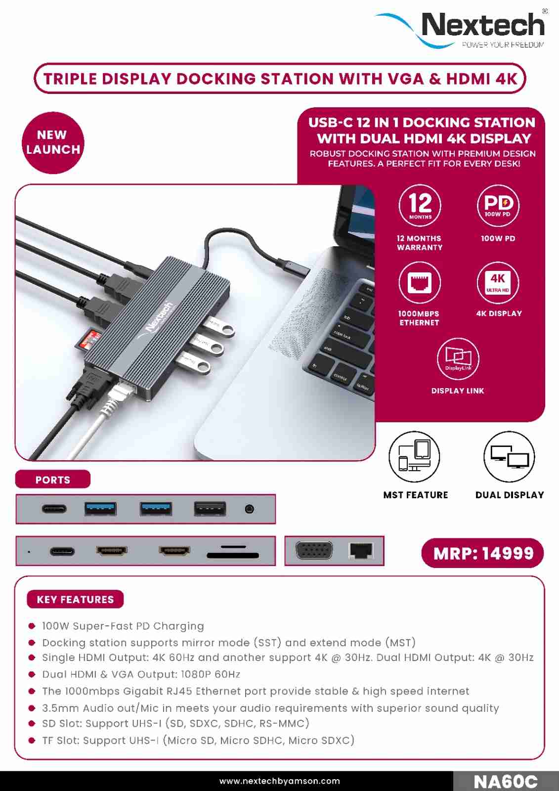 Nextech 12 in 1 Triple Display Docking Station | Dual 4K HDMI | 1080@60Hz VGA Port| 100W PD | 3*USB Ports| 1000mbps Gigabit RJ45 Ethernet | SD/TF Slots | 3.5mm Audio/Mic for Laptop - Image 4