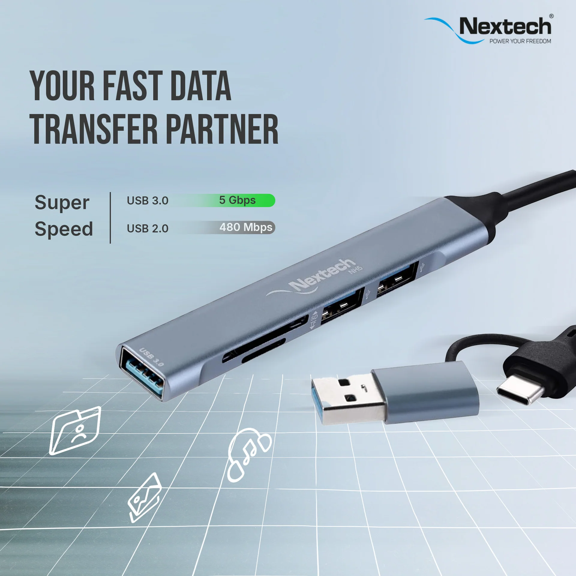 Nextech 5 In 1 Usb Hub (2*Usb 2.0 + 1*Usb 3.0+Tf + Sd) - Image 2