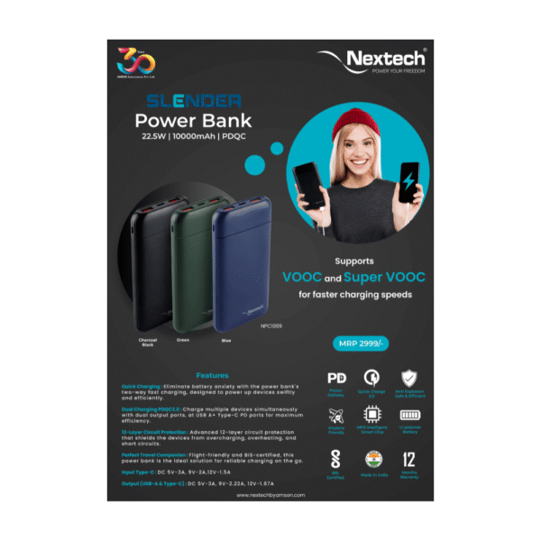 Nextech 10K Mah 22.5W Pdqc Dual Output Power Bank