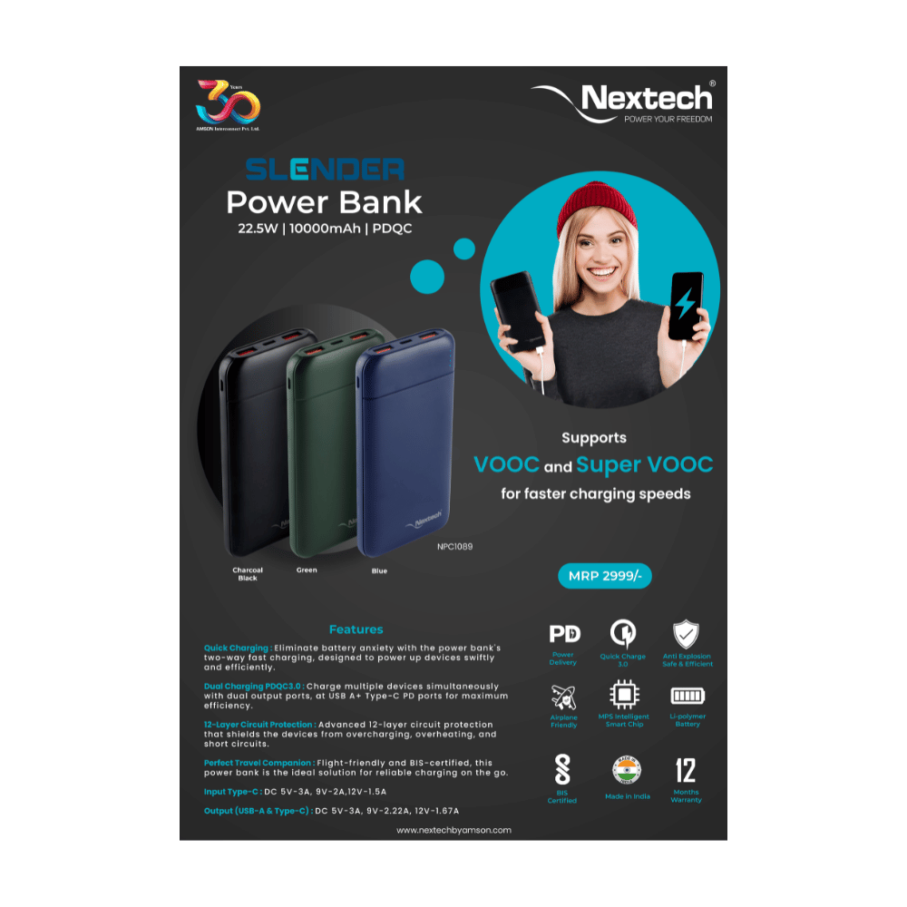 Nextech 10K Mah 22.5W Pdqc Dual Output Power Bank - Image 1